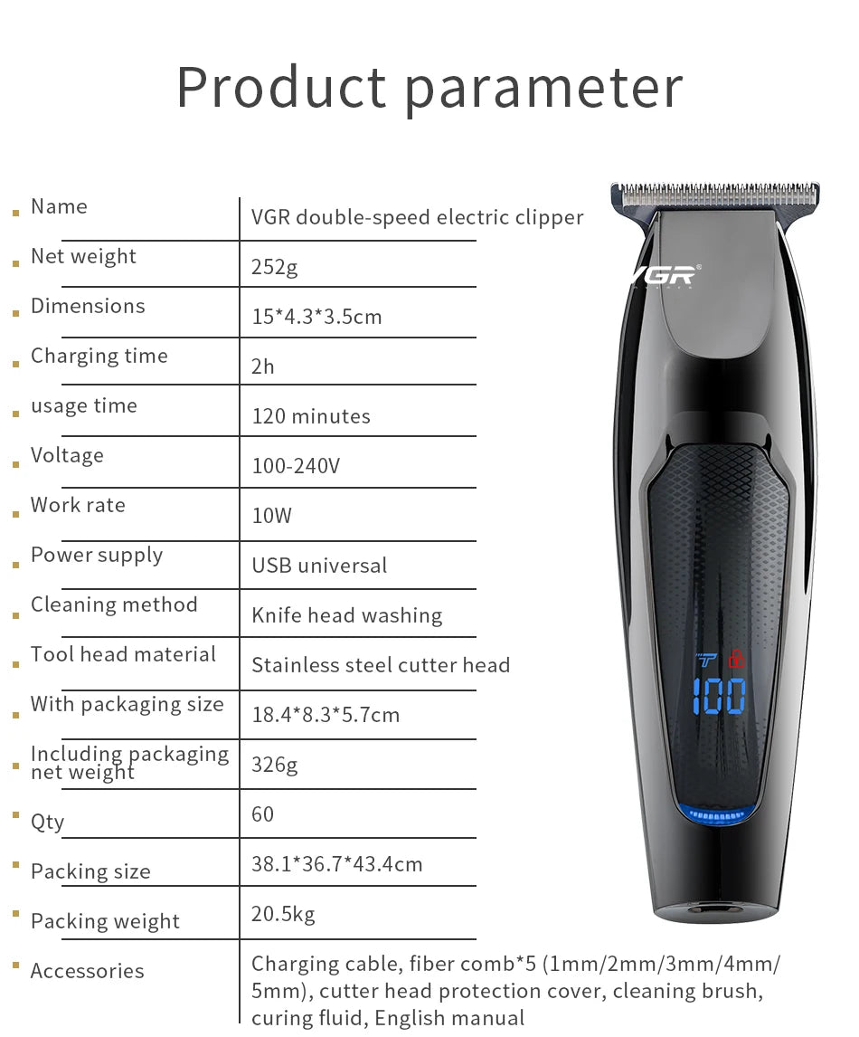 VGR Professional LCD Hair Clipper Electric Hair Trimmer Barber Oil Head Carving Sculpture Trimmer Hair Cutting Machine Tools