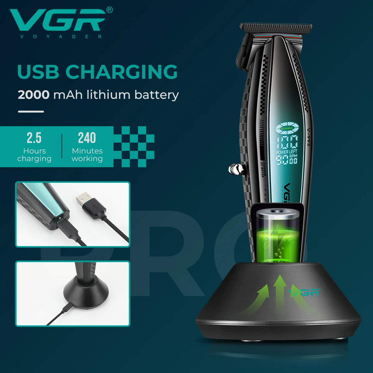 VGR Professional Hair Trimmer Electric Haircut Machine Rechargeable Hair Clipper 9000 RPM LED Display Hair Trimmer for Men V-992