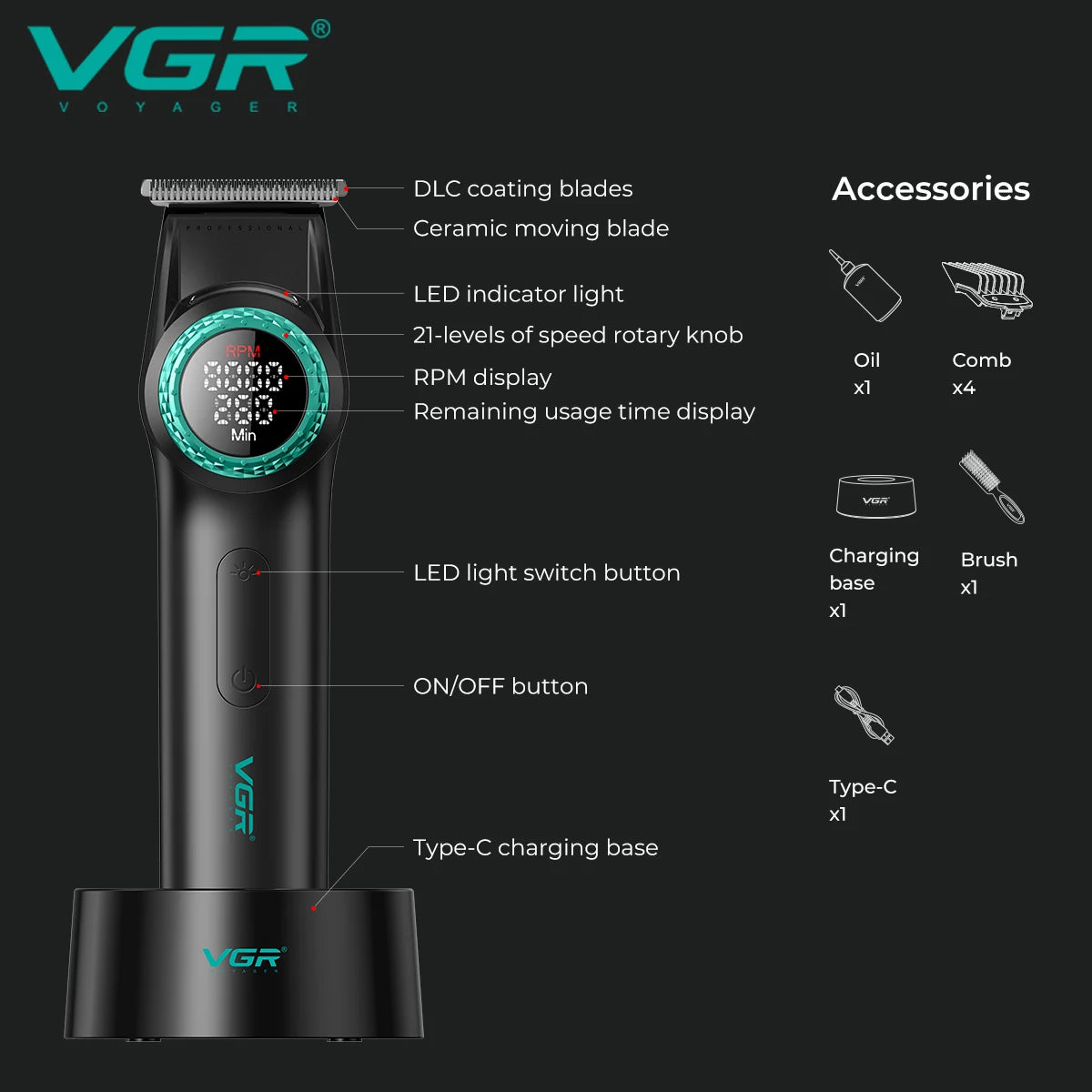 VGR Hair Trimmers Professional Clippers Electric Hair Trimmers Rechargeable Haircut Machine Charging Base Trimmer for Men V-977