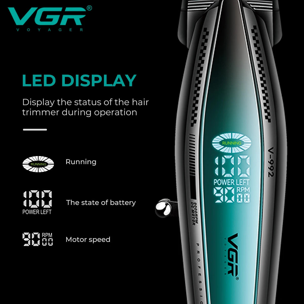 VGR Professional Hair Trimmer Electric Haircut Machine Rechargeable Hair Clipper 9000 RPM LED Display Hair Trimmer for Men V-992