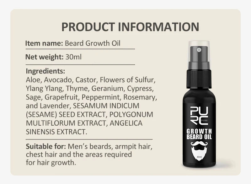 PURC Beard Oil For Men 5 Piece Beard Growth Spray Thicker Nourishing Mustache Grooming Treatment Rosemary Oil Hair Grow Product