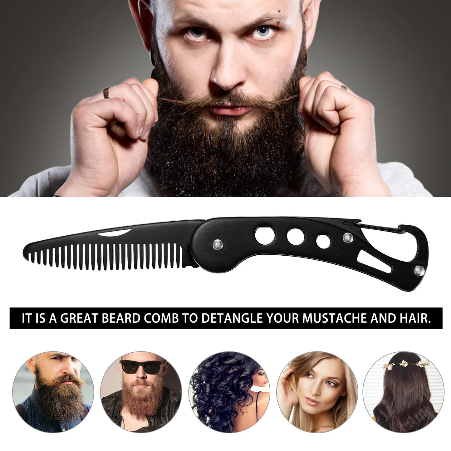 Stainless Steel Folding Beard Comb, Portable Multi Use Anti Static Metal Hair Comb for Men Grooming Hair Beard Styling