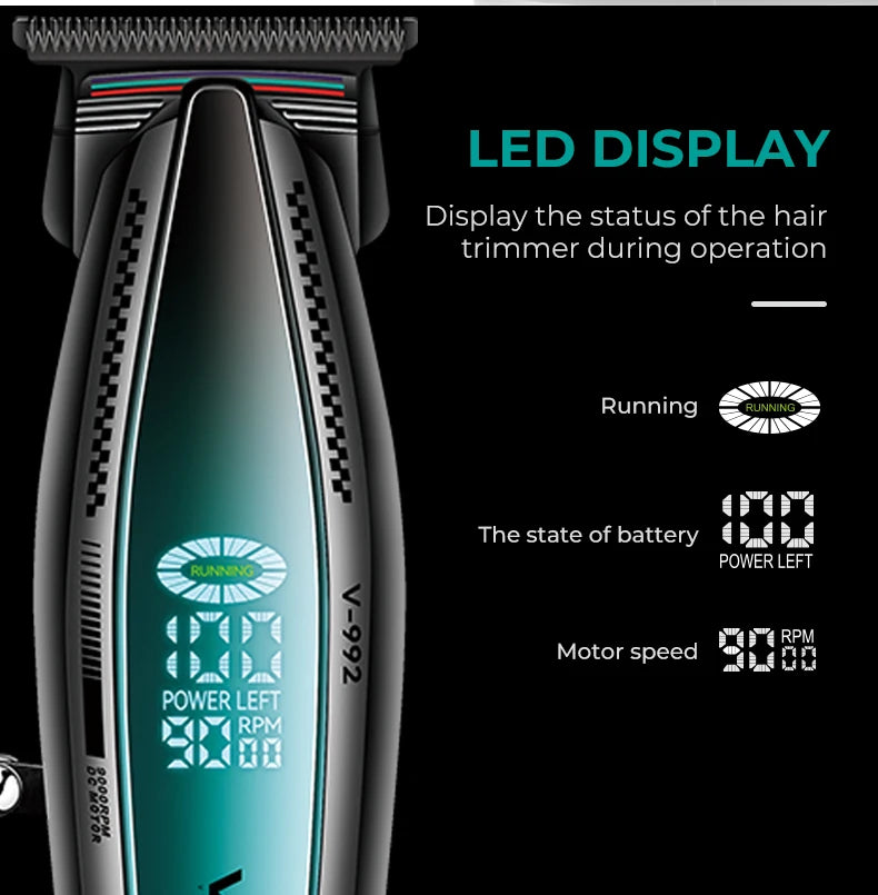 VGR Professional Hair Trimmer Electric Haircut Machine Rechargeable Hair Clipper 9000 RPM LED Display Hair Trimmer for Men V-992